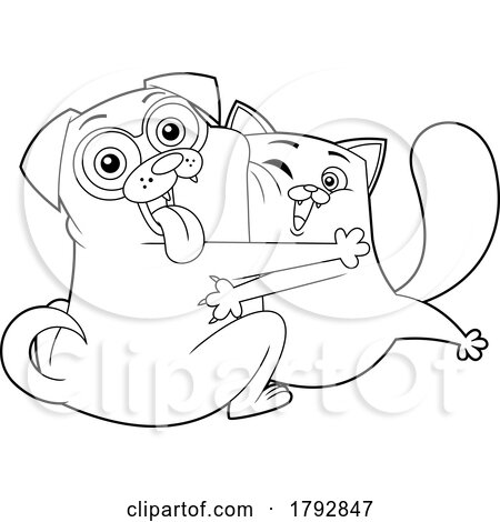 Cartoon Pug Dog and Cat Hugging in Black and White by Hit Toon