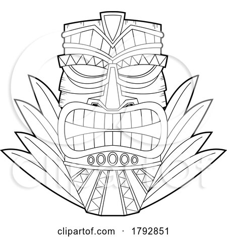 Cartoon Tribal Tiki Mask and Leaves in Black and White by Hit Toon