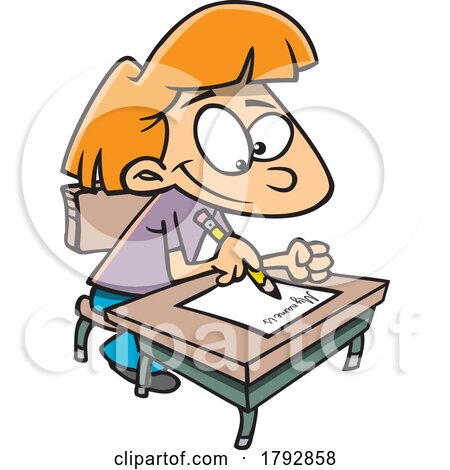 Cartoon School Girl Writing in Cursive by toonaday