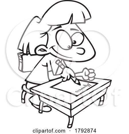 Cartoon Black and White School Girl Writing in Cursive by toonaday