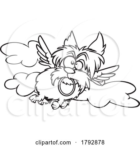 Cartoon Black and White Angel Yorkie Flying with a Halo in Its Mouth by toonaday