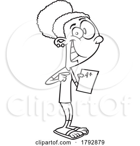 Cartoon Black and White School Girl Happy About an a Plus Report Card by toonaday