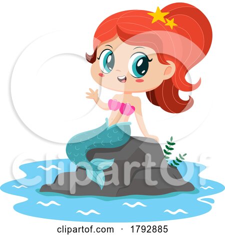 Cartoon Clipart Mermaid Waving from a Rock by Hit Toon