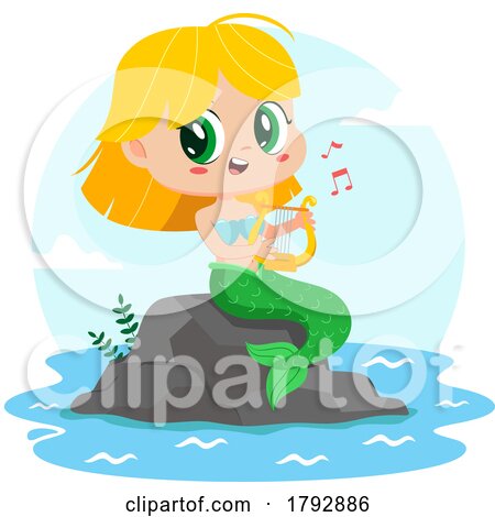 Cartoon Clipart Mermaid Playing a Lyre by Hit Toon