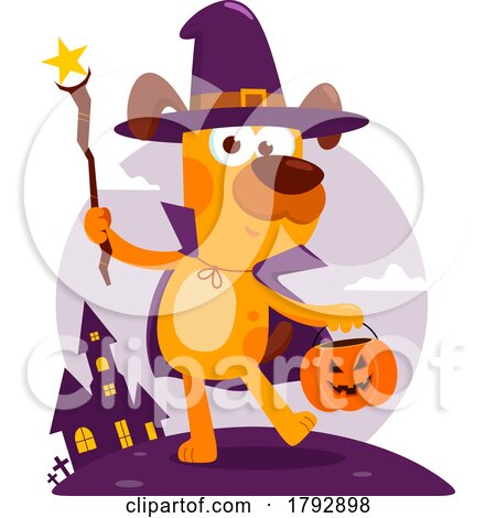 Cartoon Clipart Trick or Treating Halloween Dog near a Castle by Hit Toon