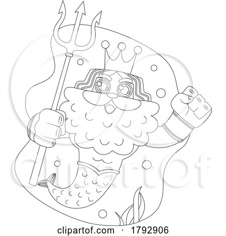Cartoon Black and White Clipart Merman King Holding a Trident by Hit Toon
