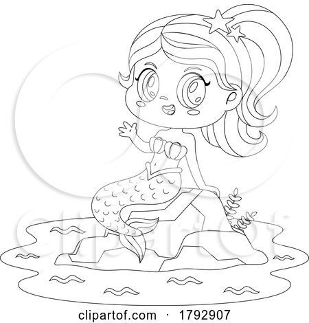 Cartoon Black and White Clipart Mermaid Waving from a Rock by Hit Toon