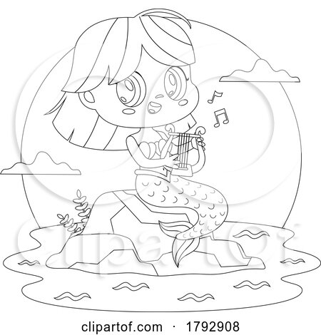 Cartoon Black and White Clipart Mermaid Playing a Lyre by Hit Toon