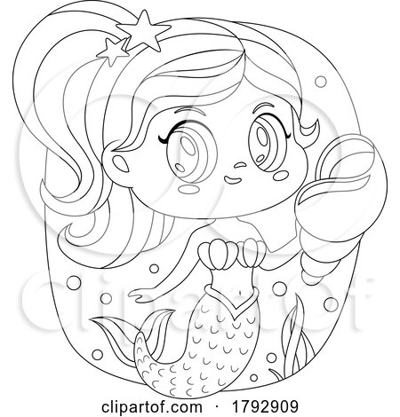 Cartoon Black and White Clipart Mermaid Holding a Shell by Hit Toon