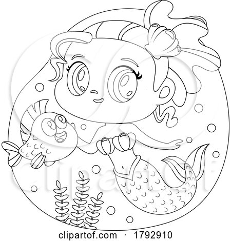 Cartoon Black and White Clipart Mermaid and Fish by Hit Toon