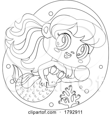 Cartoon Black and White Clipart Mermaid with a Pearl by Hit Toon