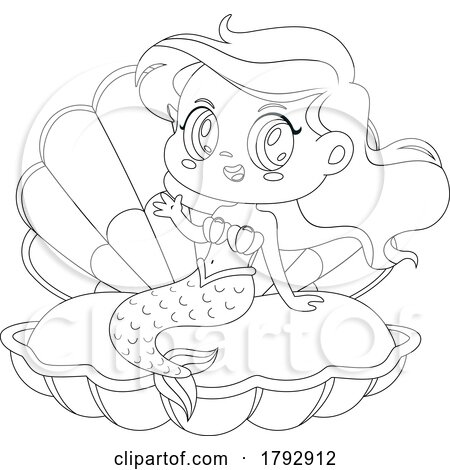 Cartoon Black and White Clipart Mermaid in a Shell by Hit Toon