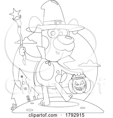 Cartoon Black and White Clipart Trick or Treating Halloween Dog near a Castle by Hit Toon