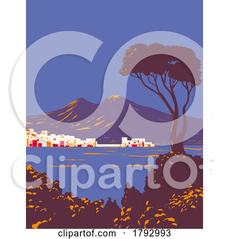 Pine of Naples and Gulf of Naples with Mount Vesuvius Italy WPA Art Deco Poster by patrimonio