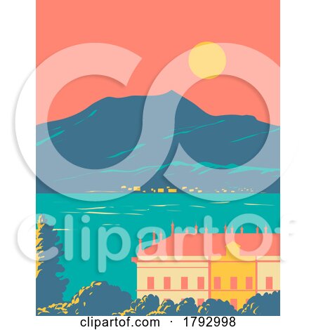 Lake Como Lago Di Como Lario with Villa and Alps and Bellagio Italy WPA Art Deco Poster by patrimonio