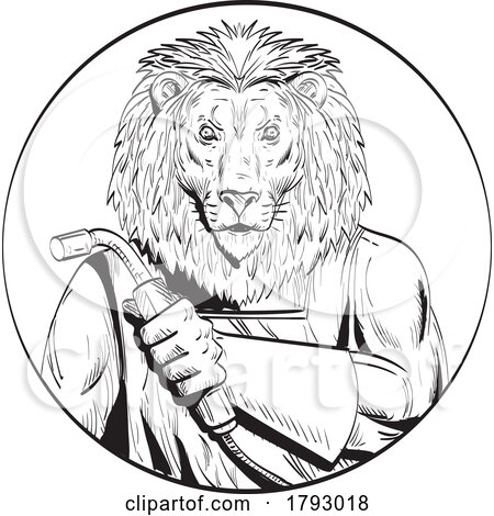 Lion Welder with Welding Torch Circle Line Drawing Black and White by patrimonio