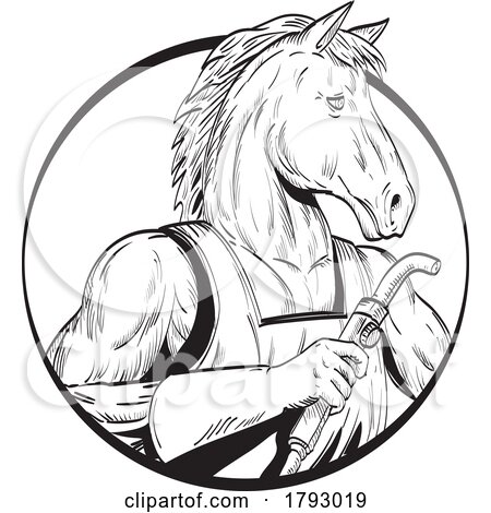 Horse Stallion with Welding Torch Circle Line Drawing Black and White by patrimonio