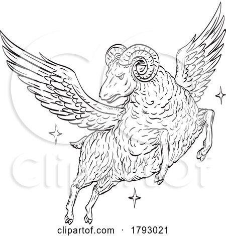 Ram Sheep with Wings Flying in Night Sky Symbol of the Golden Fleece Comics Style Drawing by patrimonio