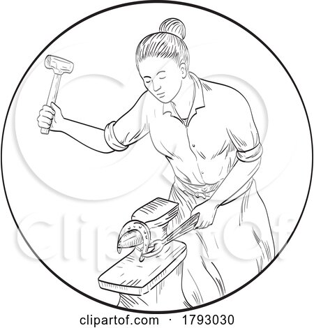 Female Blacksmith Farrier Working on Horseshoe Anvil Front View Comics Style Drawing by patrimonio