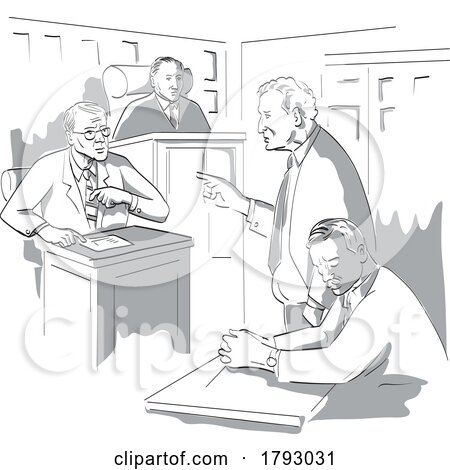 Courtroom Trial Sketch Showing Judge Lawyer Defendant Plaintiff Witness and Jury Inside Court of Law by patrimonio