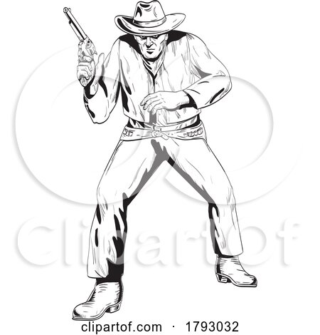 Cowboy with Pistol Drawn in Gunfight Viewed from the Front View Comics Style Drawing by patrimonio