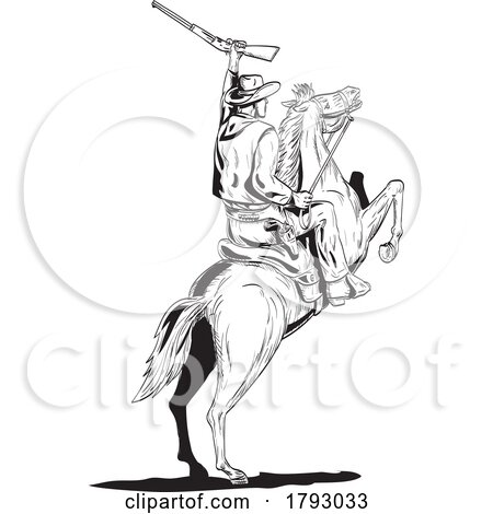 Cowboy Holding up Rifle Riding Prancing Horse Rear View Comics Style Drawing by patrimonio