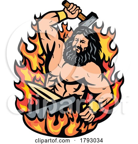 Hephaestus Greek God of Forge and Fire Wielding Blacksmith Hammer Mascot Cartoon Retro by patrimonio