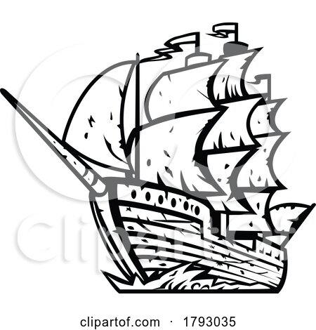 El Caleuche the Enchanted Ship or the Ghost Ship Retro Woodcut Black and White by patrimonio