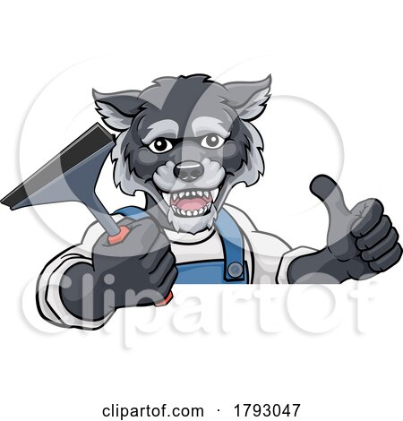 Wolf Car or Window Cleaner Holding Squeegee by AtStockIllustration