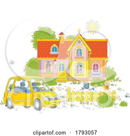 Cartoon Car Parked by a House by Alex Bannykh