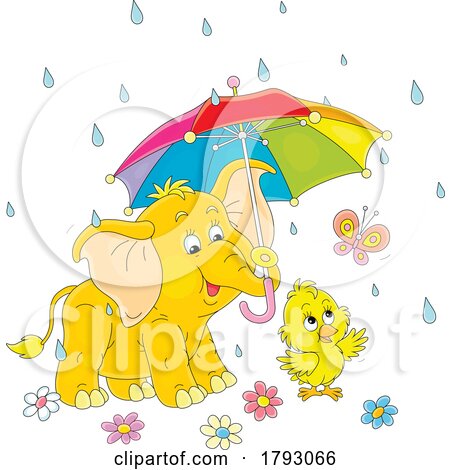 Cartoon Elephant Holding an Umbrella over a Chick by Alex Bannykh