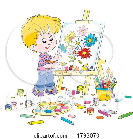 Cartoon Boy Painting Flowers by Alex Bannykh