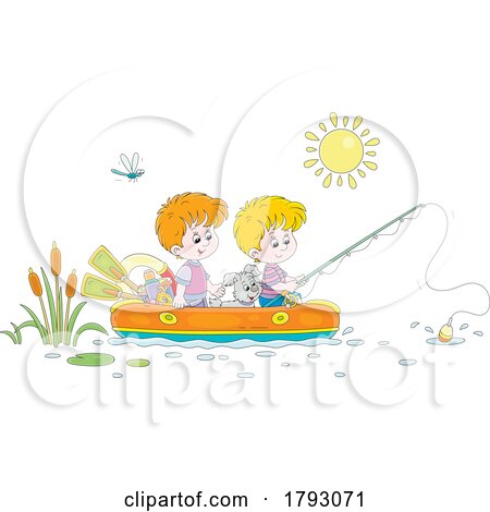 Cartoon Dog and Boys Fishing in a Raft by Alex Bannykh