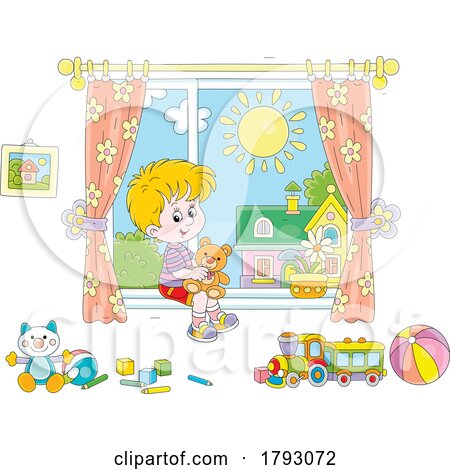 Cartoon Boy Holding a Teddy Bear on a Window Seat by Alex Bannykh
