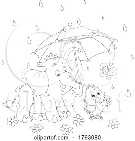 Cartoon Black and White Elephant Holding an Umbrella over a Chick by Alex Bannykh