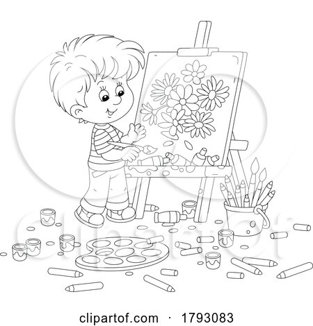 Cartoon Black and White Boy Painting Flowers by Alex Bannykh
