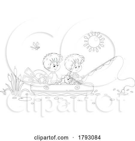 Cartoon Black and White Dog and Boys Fishing in a Raft by Alex Bannykh