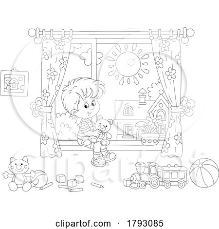 Cartoon Black and White Boy Holding a Teddy Bear on a Window Seat by Alex Bannykh
