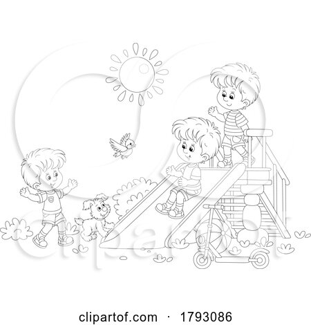 Cartoon Black and White Dog and Boys Playing on a Slide by Alex Bannykh