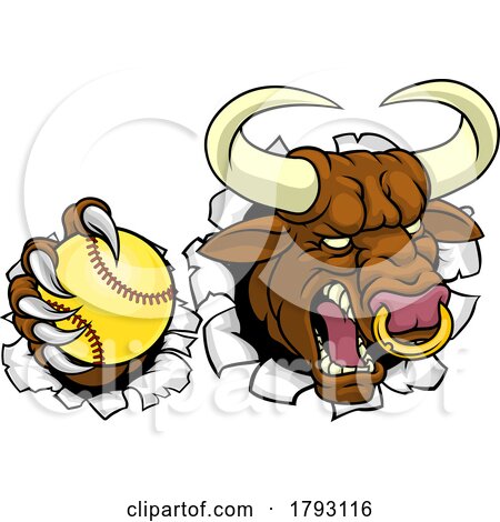 Bull Minotaur Longhorn Cow Softball Mascot Cartoon by AtStockIllustration