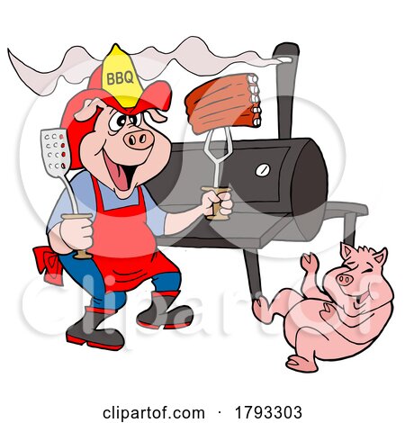 Cartoon Bbq Pig and Firefighter with Ribs by a Smoker by LaffToon
