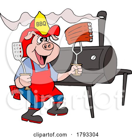 Bbq Pig Firefighter with Ribs by a Smoker by LaffToon