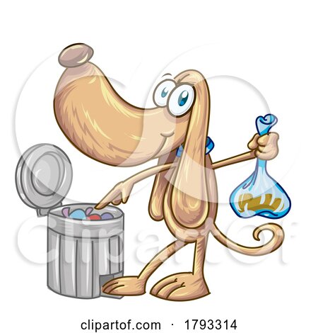 Cartoon Dog Mascot Putting Poop in a Trash Can by Domenico Condello
