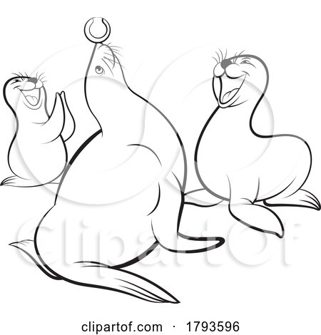 Cartoon Black and White Sea Lion Pups Watching Their Mamma Play with a Tennis Ball by Lal Perera