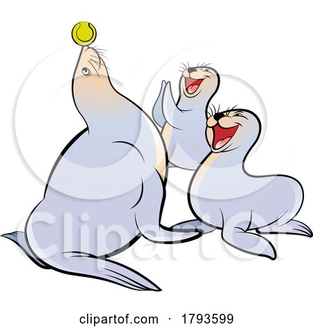 Cartoon Sea Lion Pups Watching Their Mamma Play with a Tennis Ball by Lal Perera