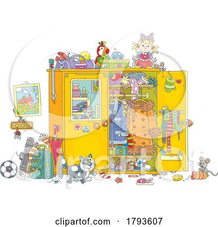 Cartoon Cat and Mouse near a Messy Closet by Alex Bannykh