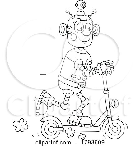 Cartoon Robot Using a Kick Scooter in Black and White by Alex Bannykh