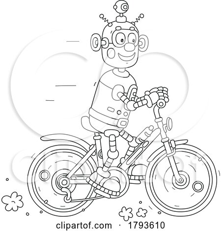 Cartoon Robot Riding a Bicycle in Black and White by Alex Bannykh