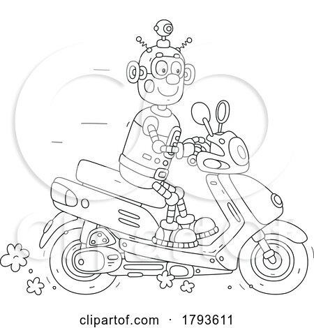 Cartoon Robot Riding a Scooter in Black and White by Alex Bannykh
