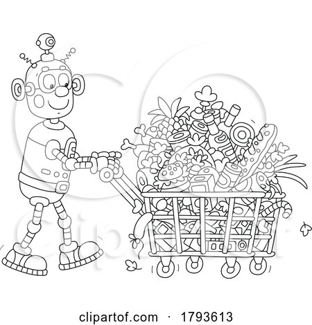 Cartoon Robot Grocery Shopping in Black and White by Alex Bannykh
